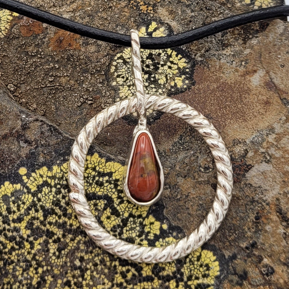 Handmade Silver Necklace With Icelandic Jaspis Stone. (Item # 2005) Leather Strap length 60 cm