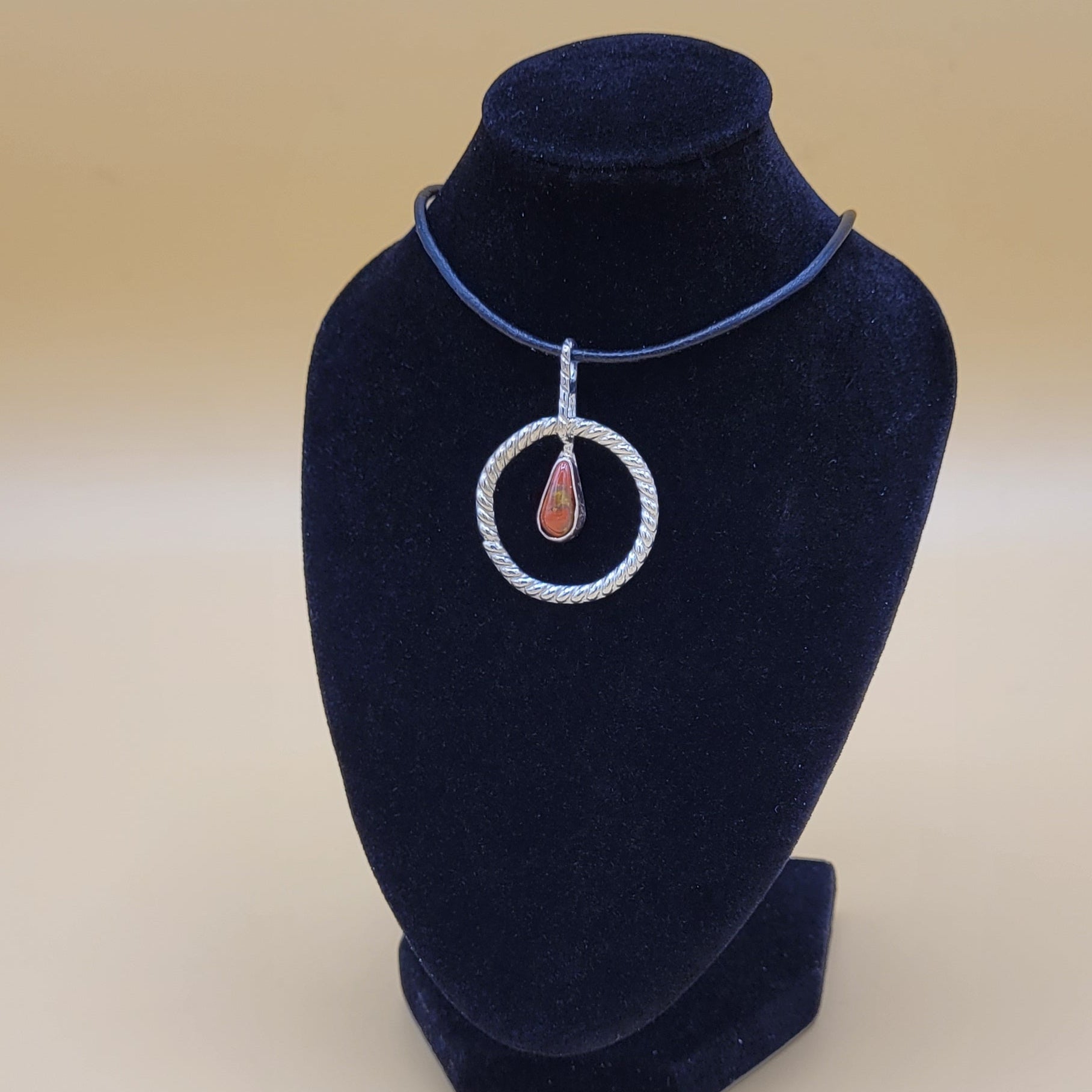 Handmade Silver Necklace With Icelandic Jaspis Stone. (Item # 2005) Leather Strap length 60 cm